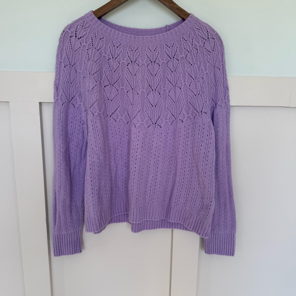 Talbots POINTELLE ROUND YOKE SWEATER Large Lavender Purple‎ Wool Cotton Blend